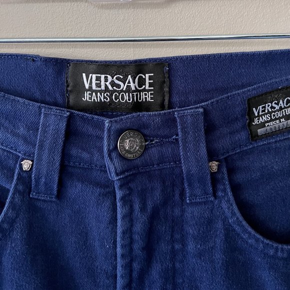 Vintage VERSACE Ladies Blue High Waist Skinny Jeans Couture Pant Size 24 38 - Picture 1 of 10